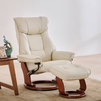 Silas Vanilla Faux Leather 1-Seater Revolving Recliner with Footstool - Off-White