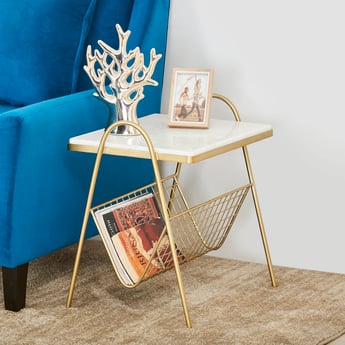 Velvetica Marble Top End Table with Magazine Holder - Gold