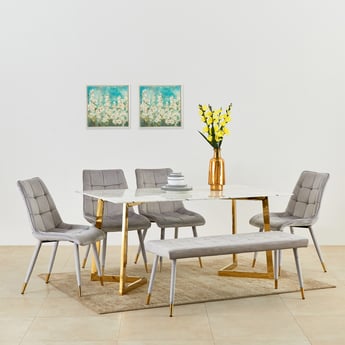 Bianca Glass Top 6-Seater Dining Table Set with Chairs and Bench - White and Grey