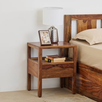 Helios Rubix Sheesham Wood Bed Side Table with Drawer - Brown