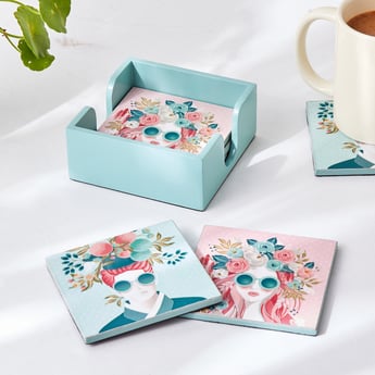 Raisa Retro Set of 6 Wooden Printed Coasters with Holder