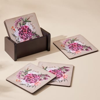Gracie Set of 6 Wooden Printed Coasters with Holder