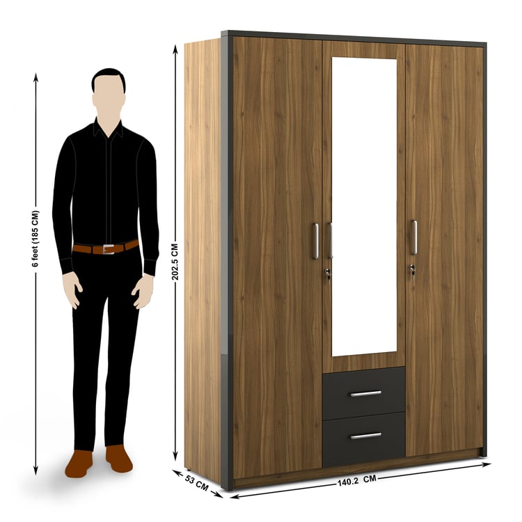 Quadro 3-Door Wardrobe with Mirror - Brown
