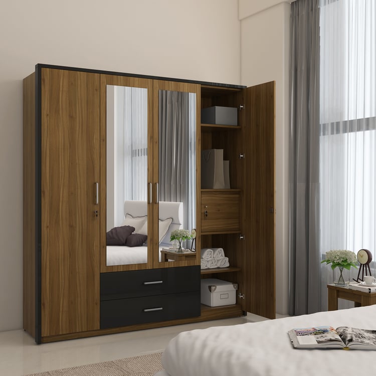 Quadro 4-Door Wardrobe with Mirror and Drawer - Brown