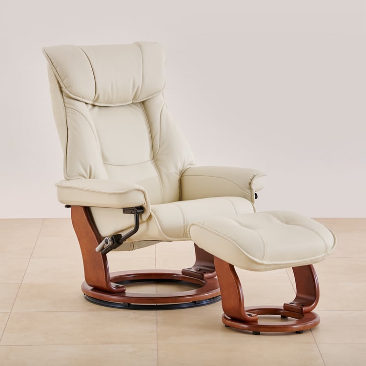 Silas Vanilla Faux Leather 1-Seater Revolving Recliner with Footstool - Off-White