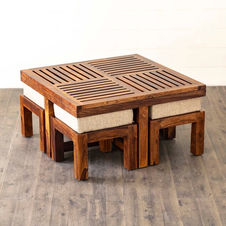 Helios Jolly Sheesham Wood Coffee Table with Stools - Brown