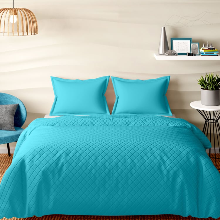 PORTICO Shades Blue Textured Cotton Double Bed Cover - 220x240cm