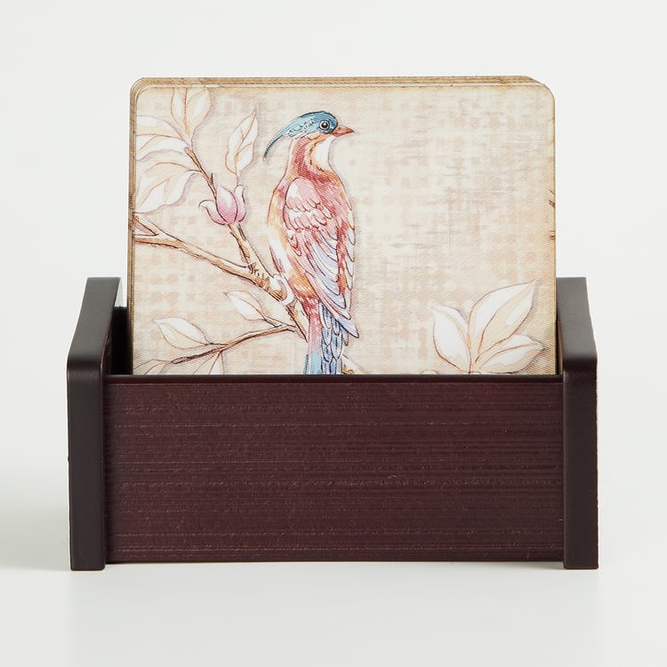 Alora Moksha Set of 6 Wood Printed Coasters with Holder
