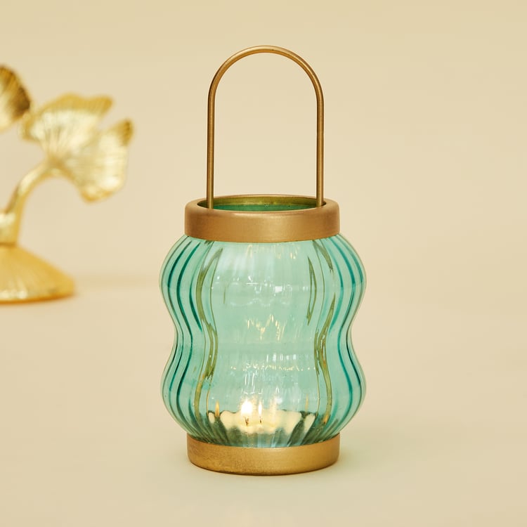 Modern Luxe Teal Glass Hour Glass Lantern