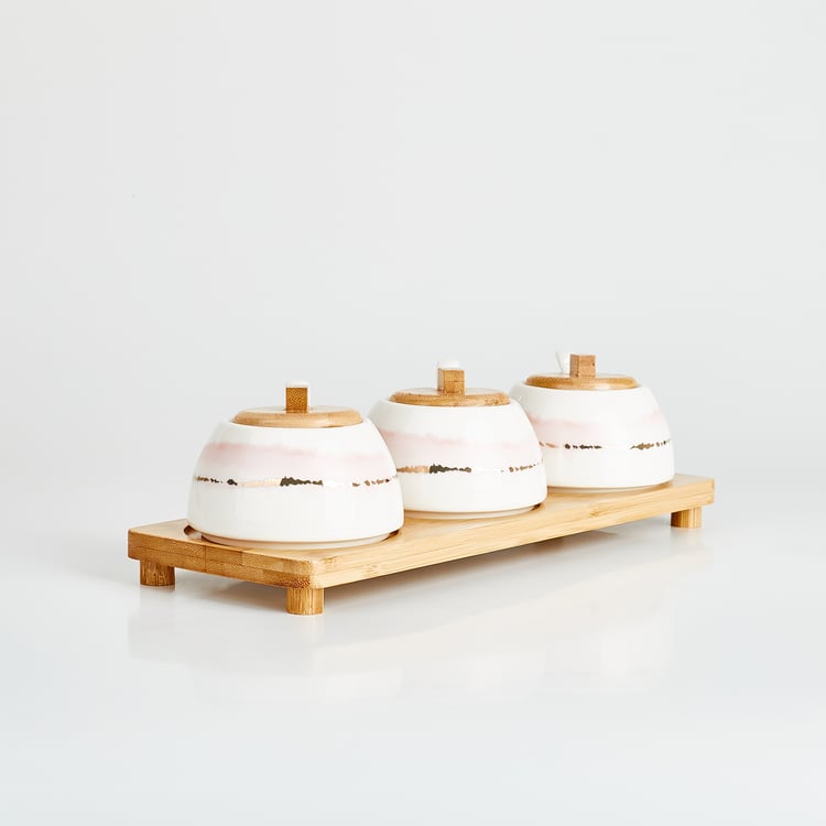 Showstopper Set of 3 Porcelain Condiment Jars with Tray - 210ml