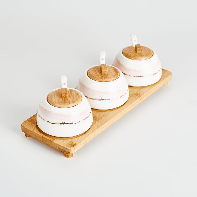 Showstopper Set of 3 Porcelain Condiment Jars with Tray - 210ml