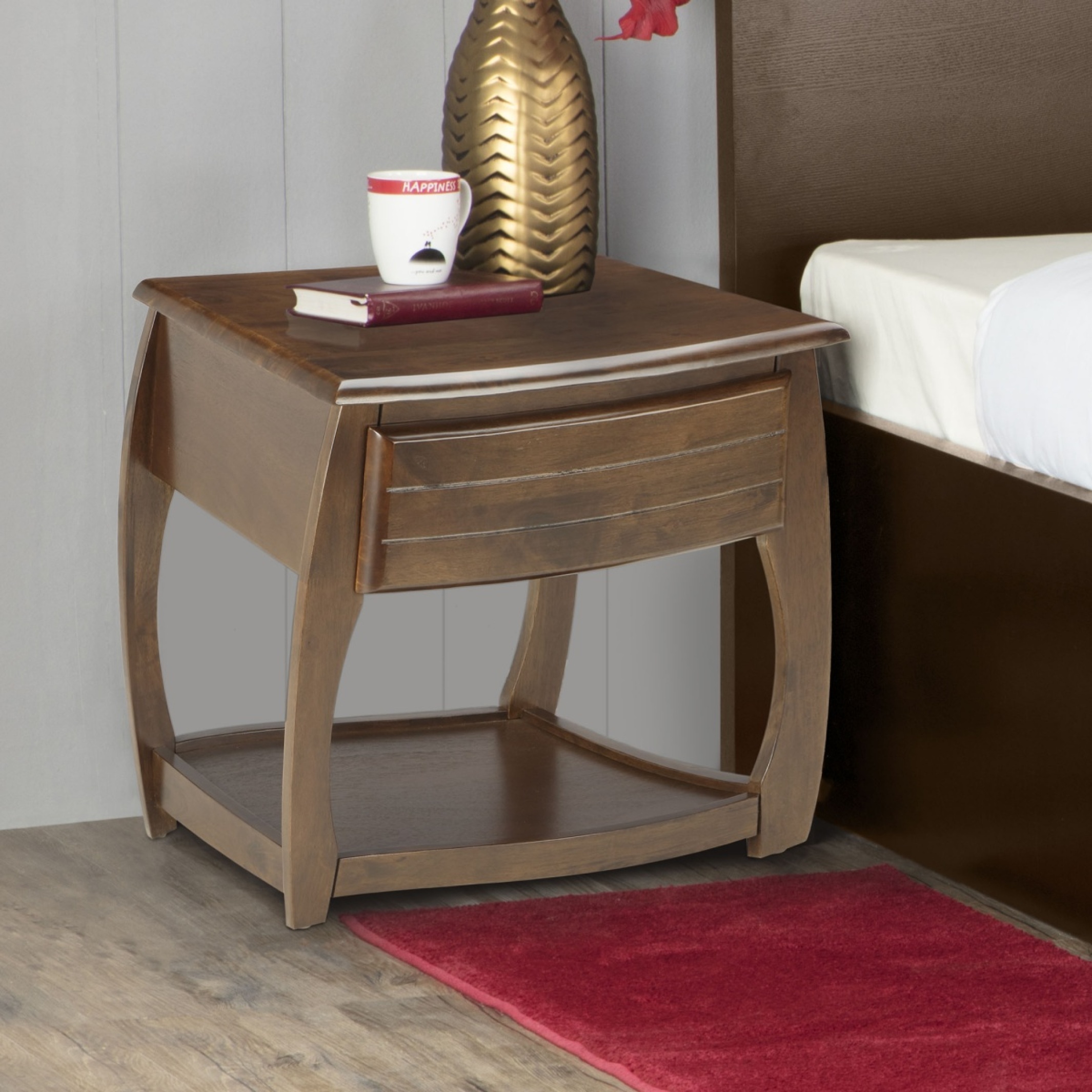 Fern Rubber Wood Bed Side Table - Brown