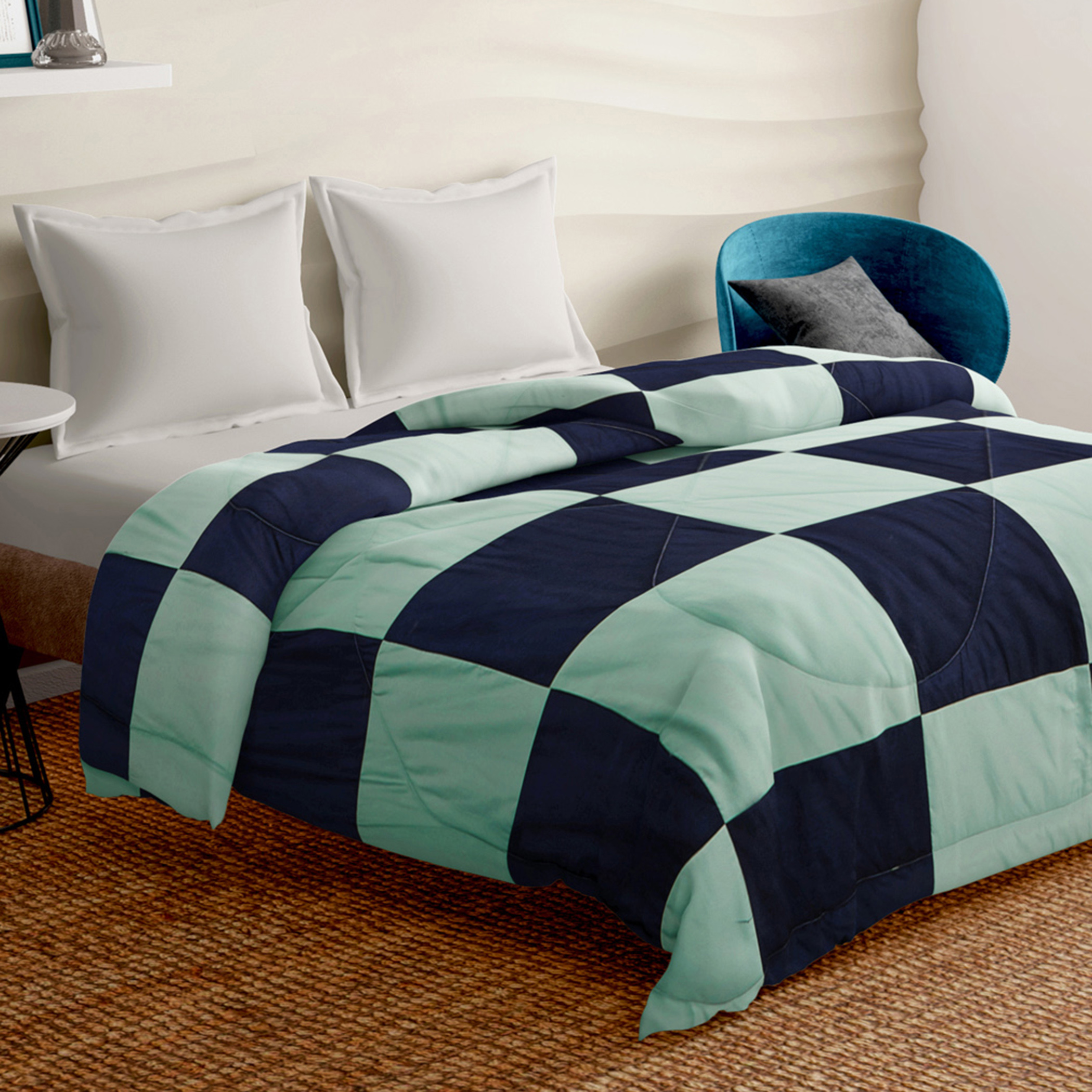 PORTICO Quilted Corners Blue Checked Cotton Queen Comforter - 220x240cm
