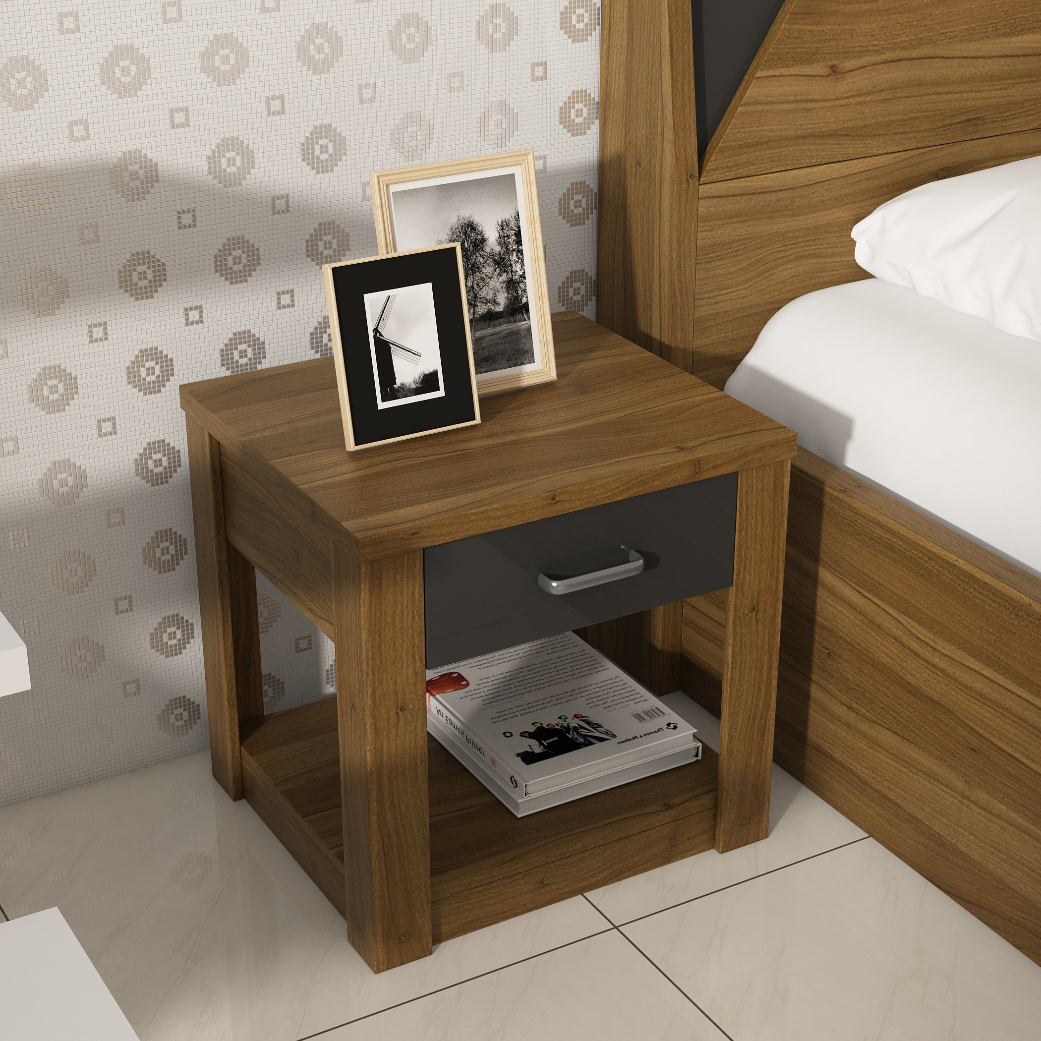 Quadro Bed Side Table with Drawer - Brown
