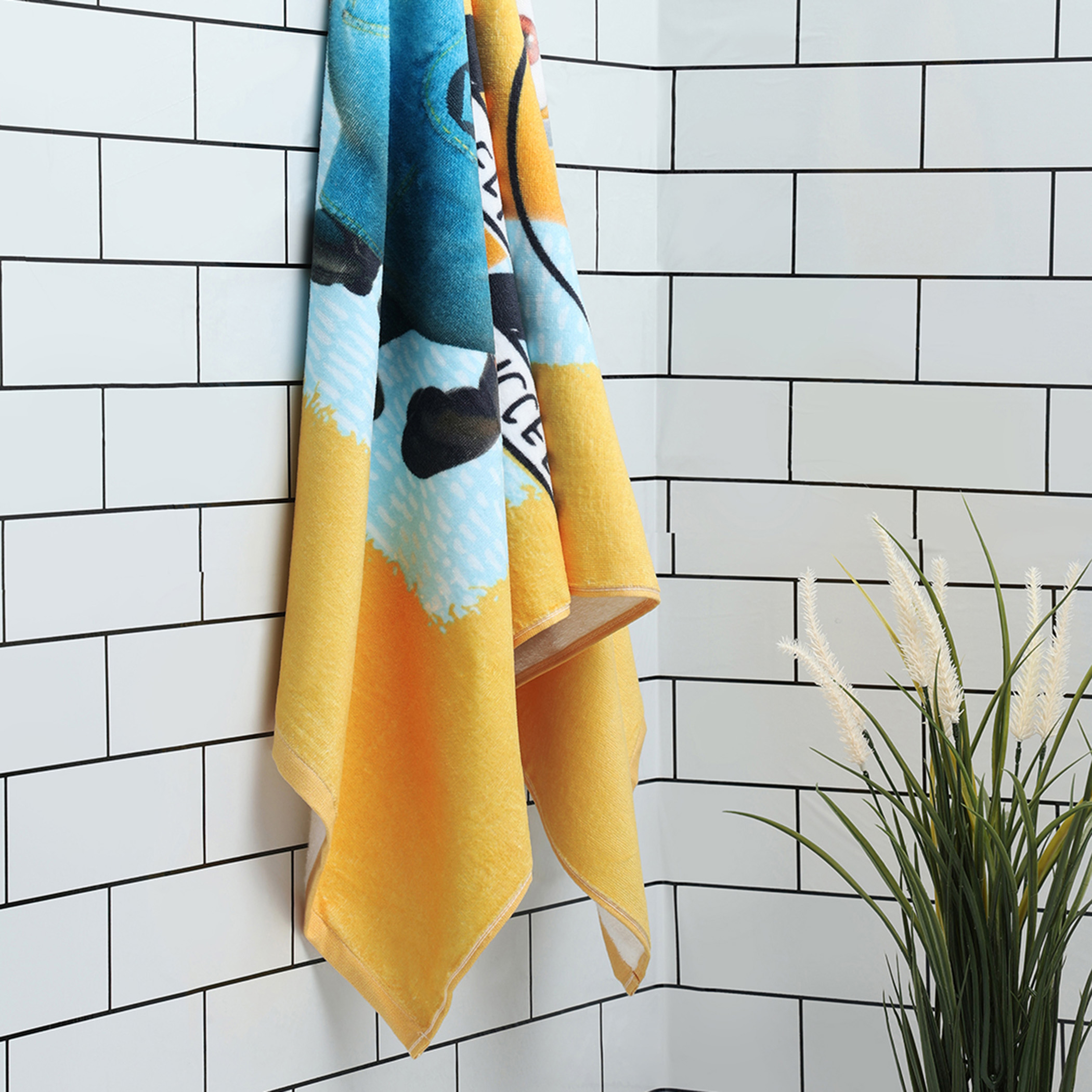 SPACES Kids Cotton Printed Bath Towel, Yellow - 67x130cm