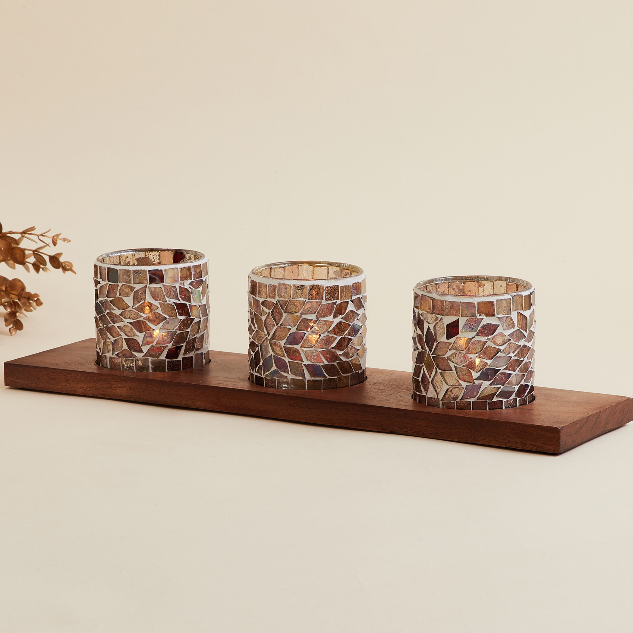 Mystique Set of 3 Glass Mosaic T-Light Holders with Stand