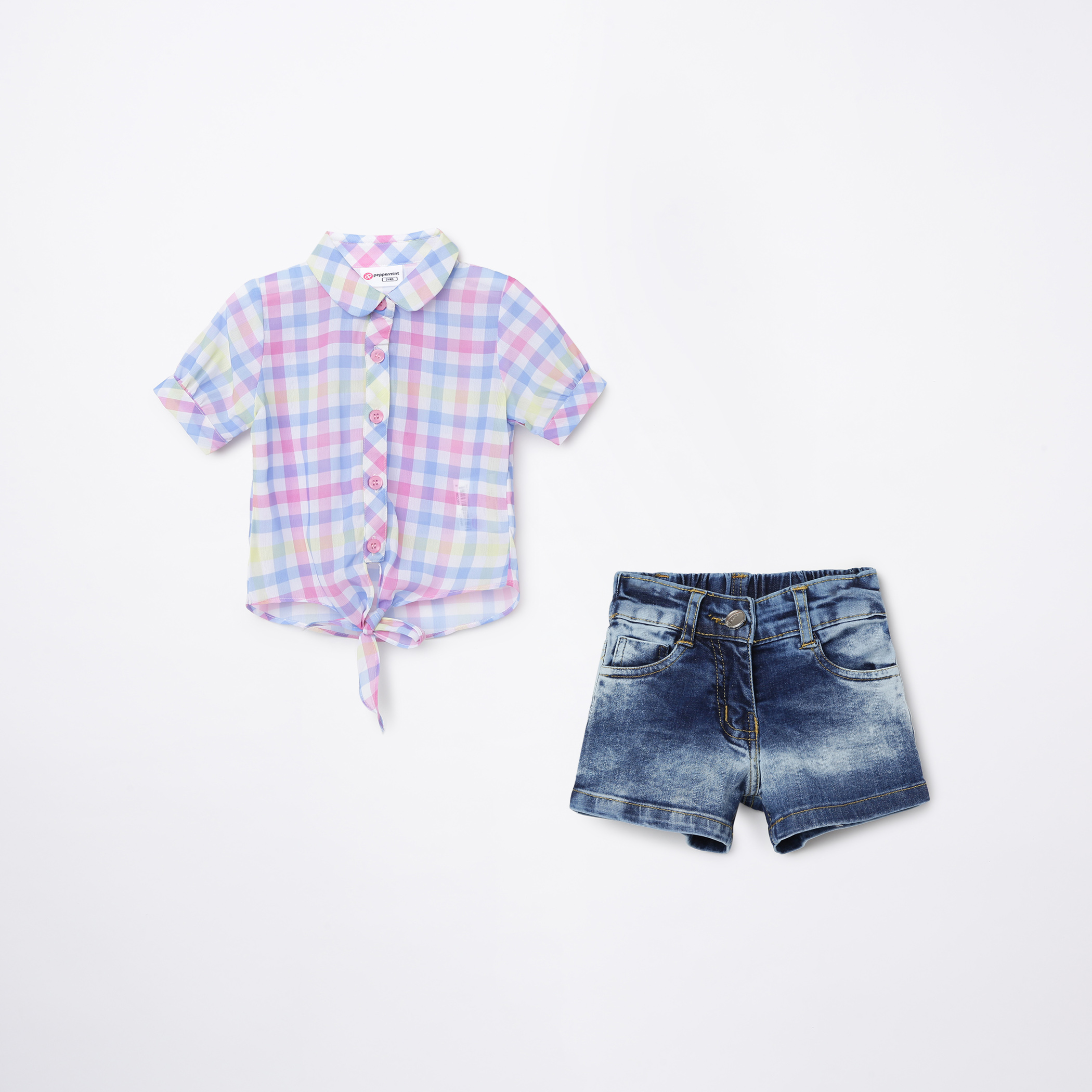 PEPPERMINT Girls Checked Shirt Style Top with Denim Shorts